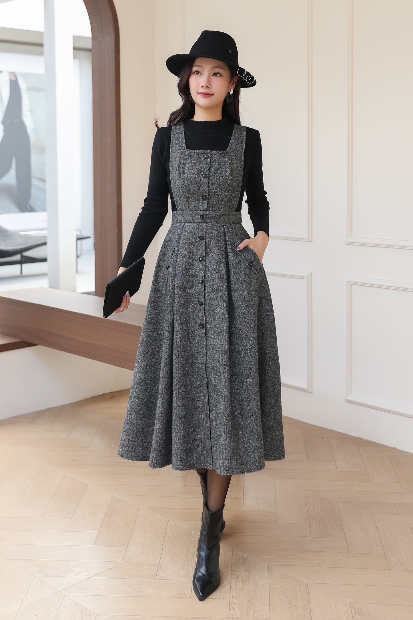 Gray Pinafore Midi Wool Dress C5187