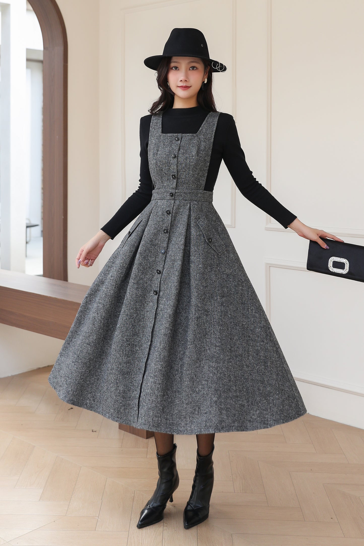 Gray Pinafore Midi Wool Dress C5187