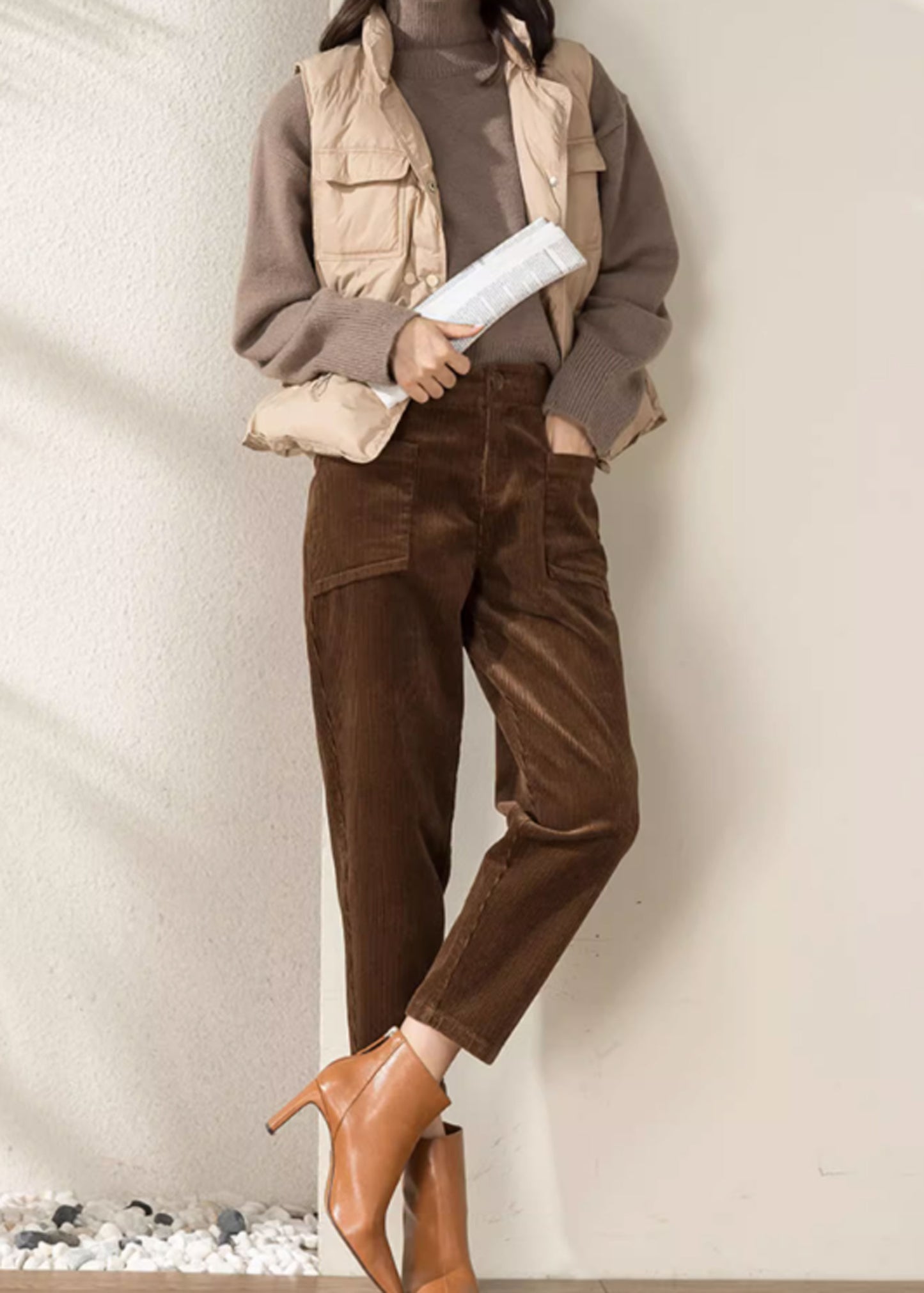 Women's Tapered Pants, Elastic Waist Corduroy Pants C3509