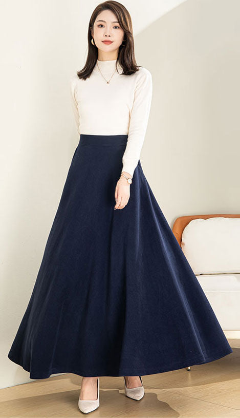 Dark Gray Long A-Line Wool Skirt C5191