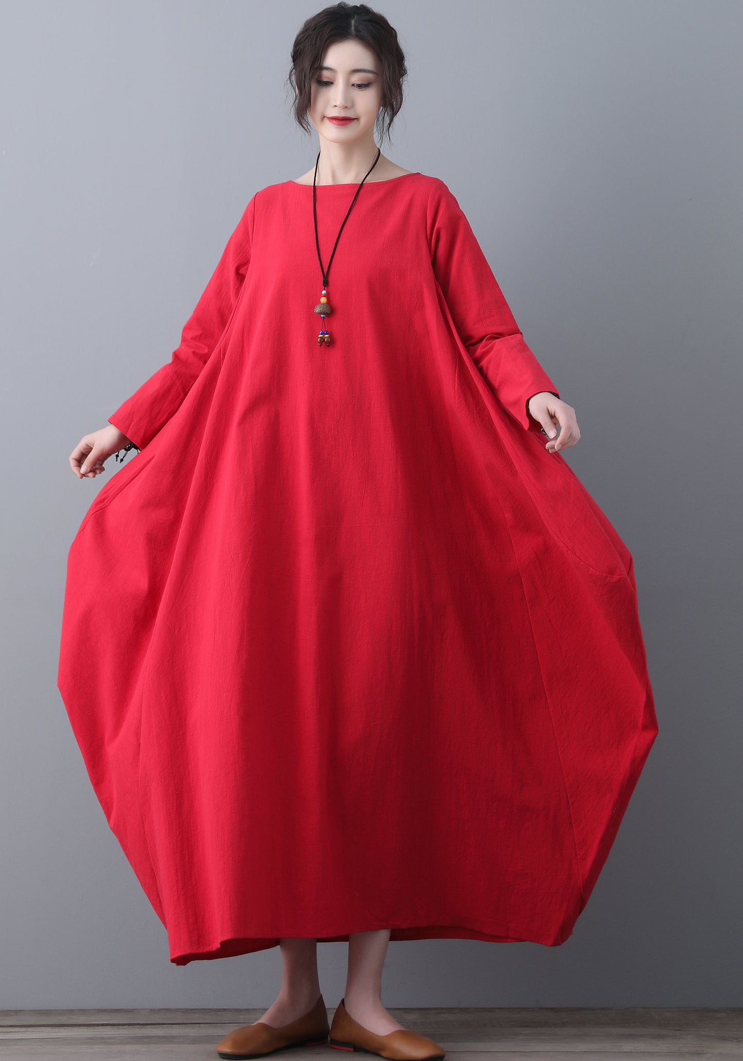 Red Kaftan long sleeves linen dress C1837
