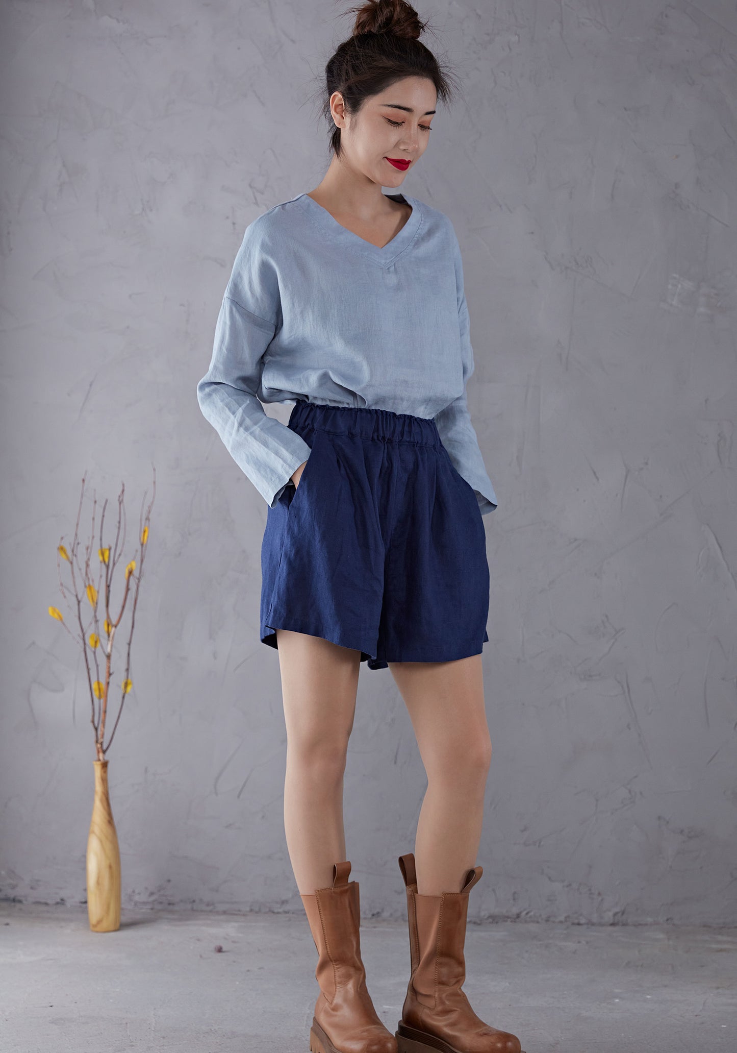 Blue High waist Linen Shorts C1906