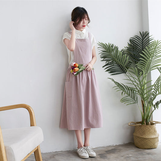 Pink Linen Cotton Apron Dress - A-Line Midi with Cross Back Belt c1914