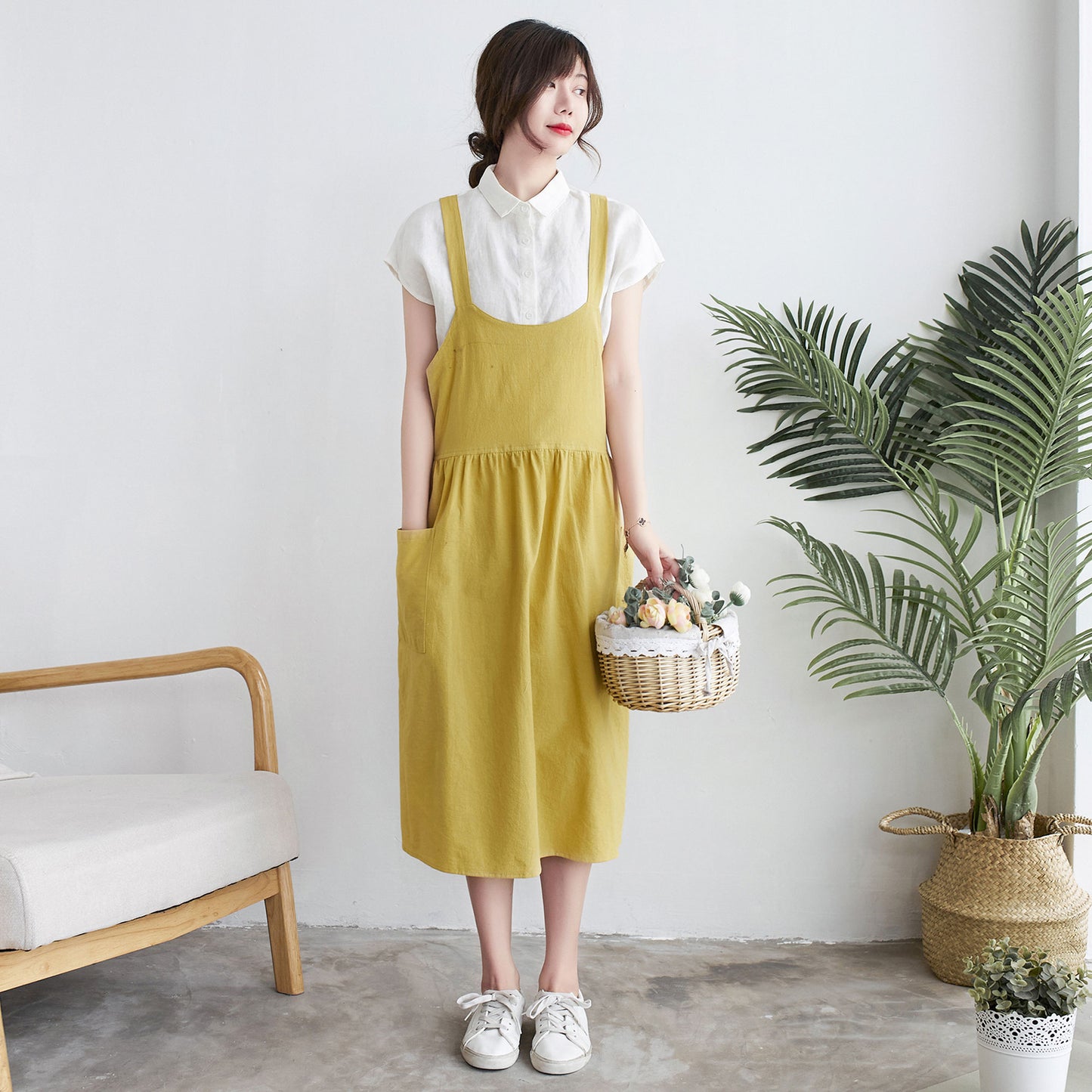 Yellow Linen Apron Dress Women C1917