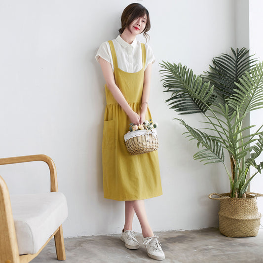 Yellow Linen Apron Dress - Cross Back with Elastic Waist c1917