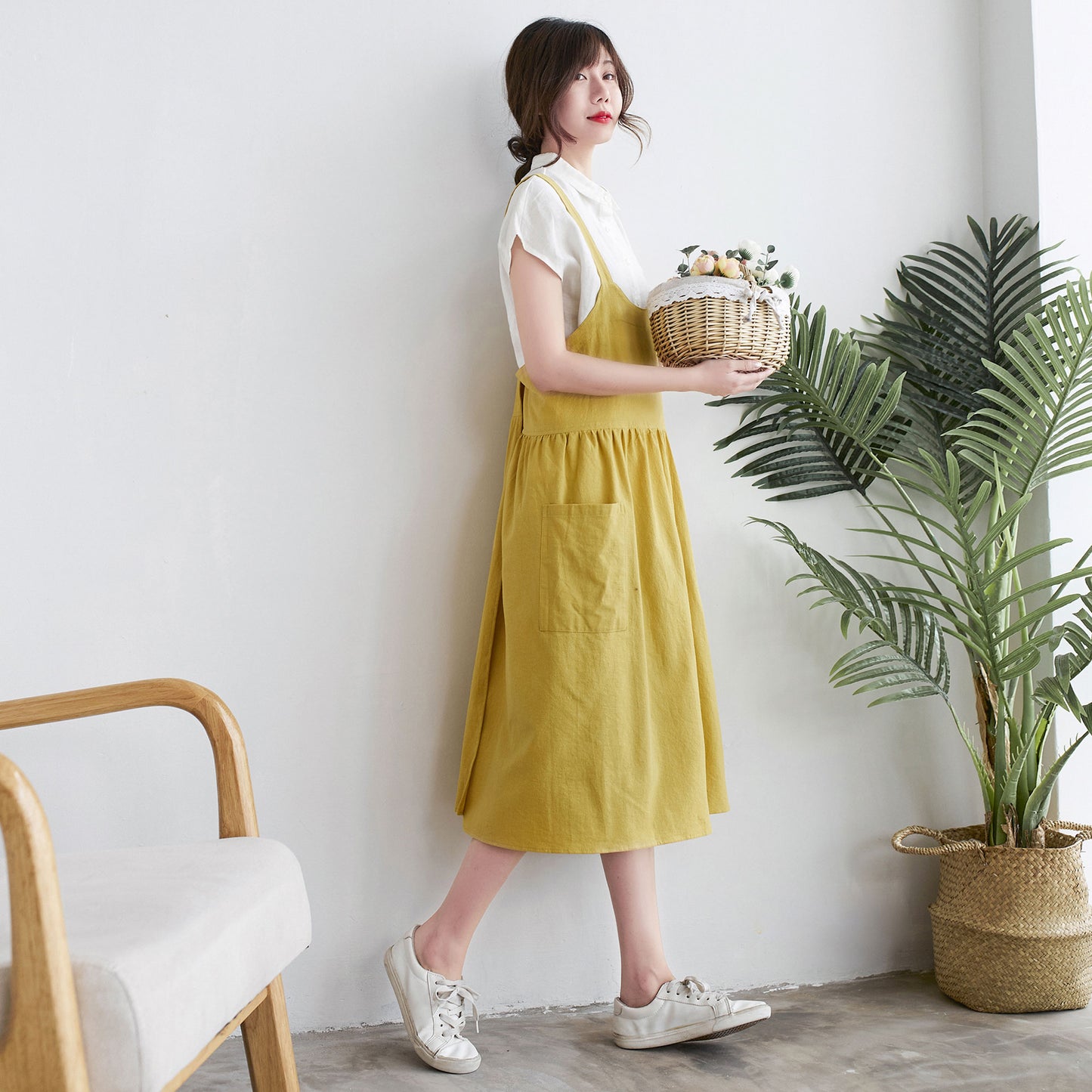 Yellow Linen Apron Dress Women C1917