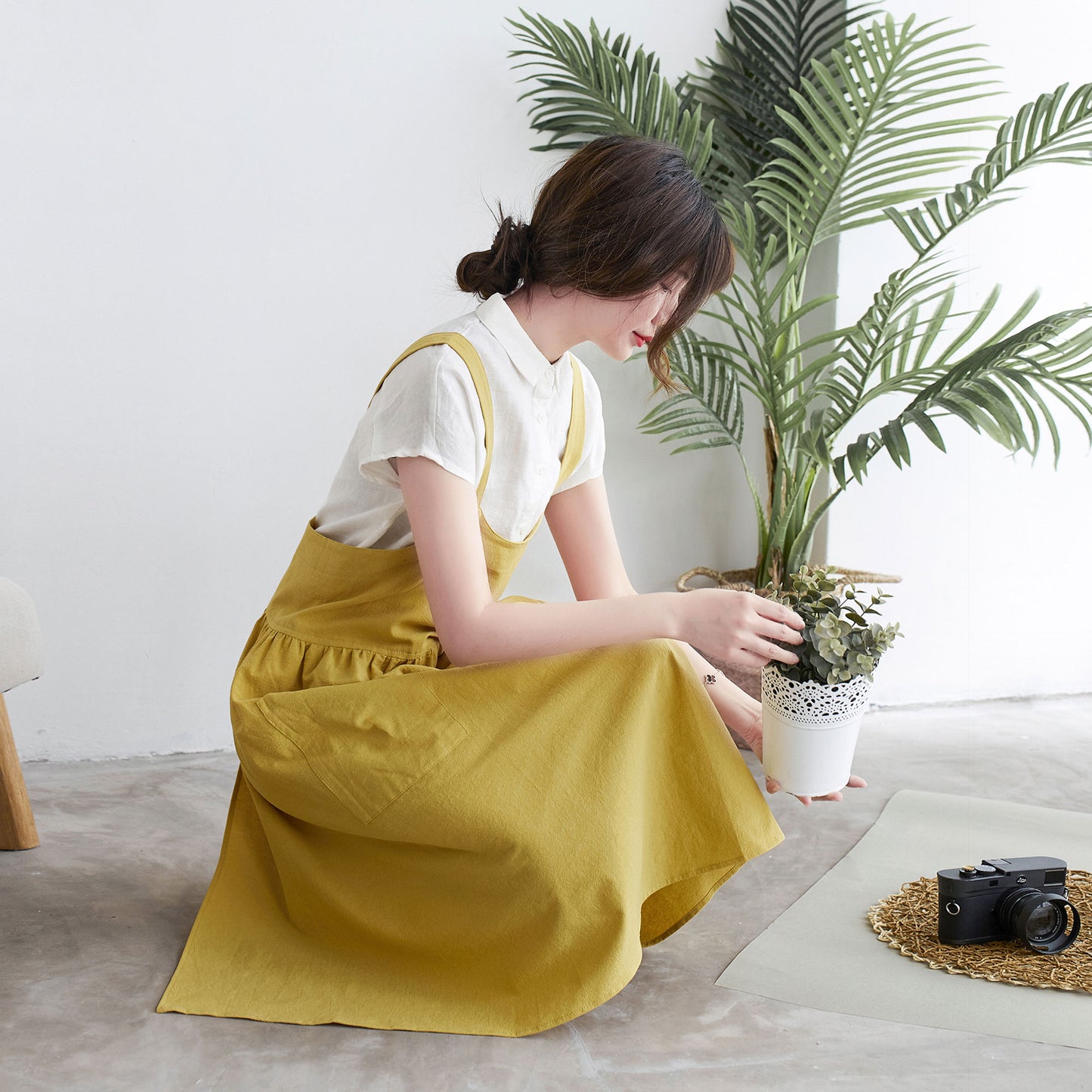 Yellow Linen Apron Dress Women C1917