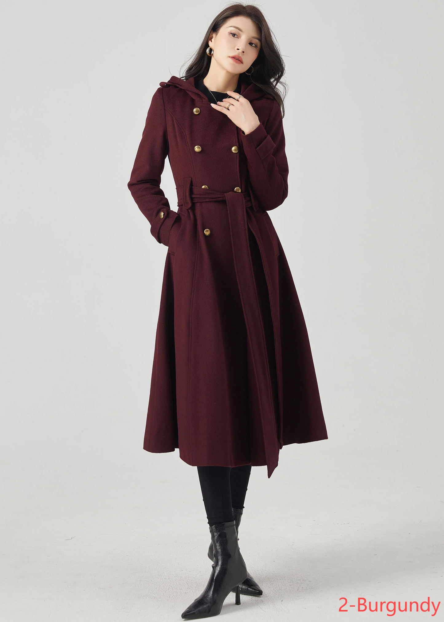 Long Double Breasted Hooded Wool Coat C4406