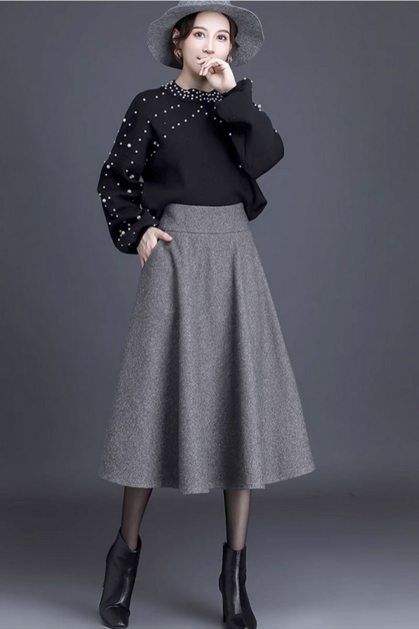 gray a line skirt with wide waist band, winter wool skirt C3428