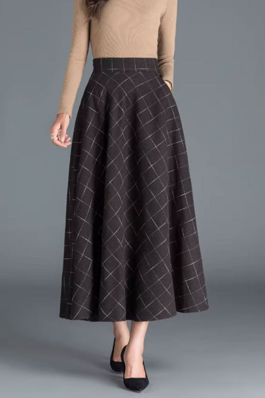 plaid long wool skirt with pockets C3764