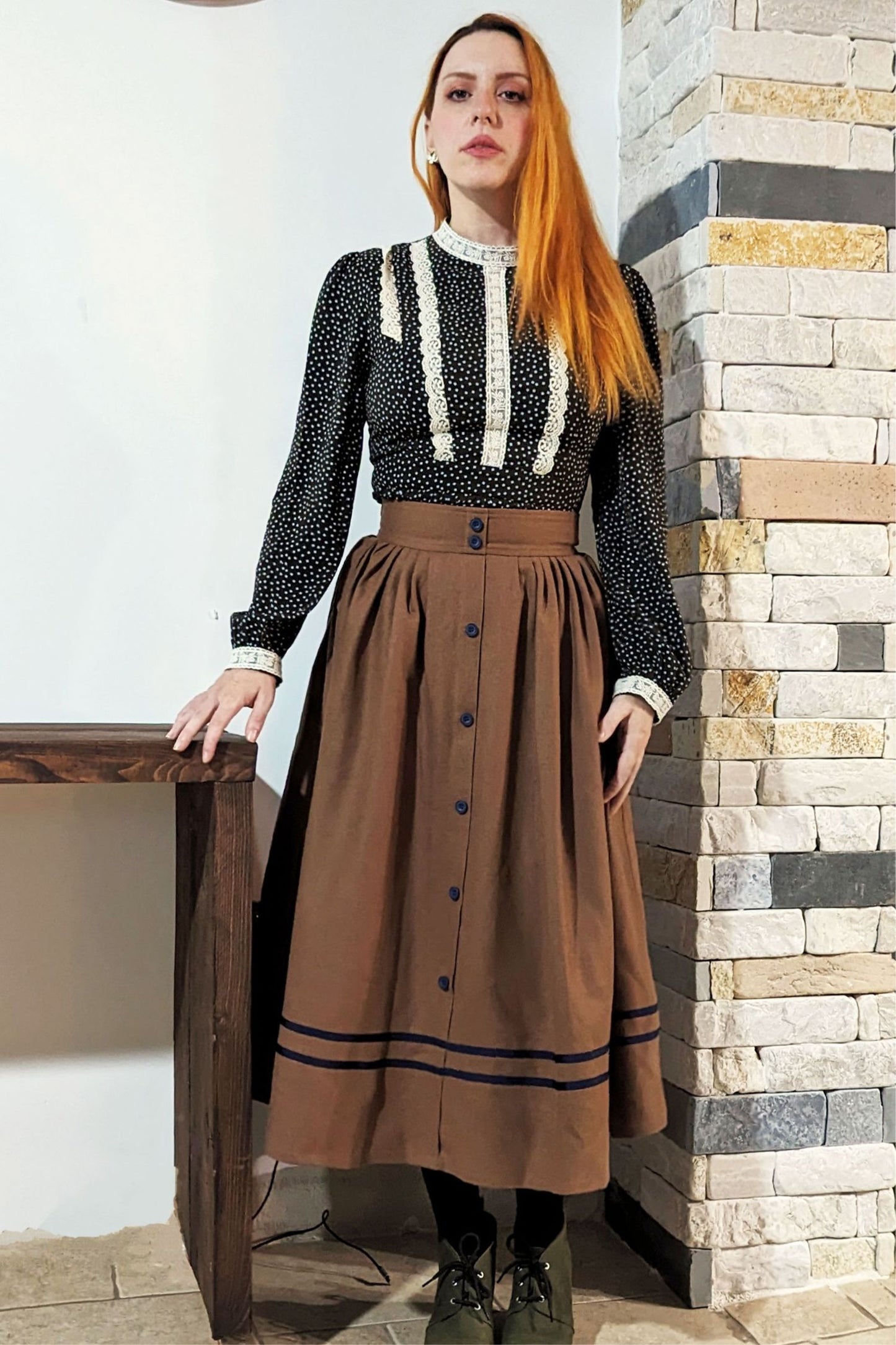 Button Wool Skirt, Brown Skirt Women C3776