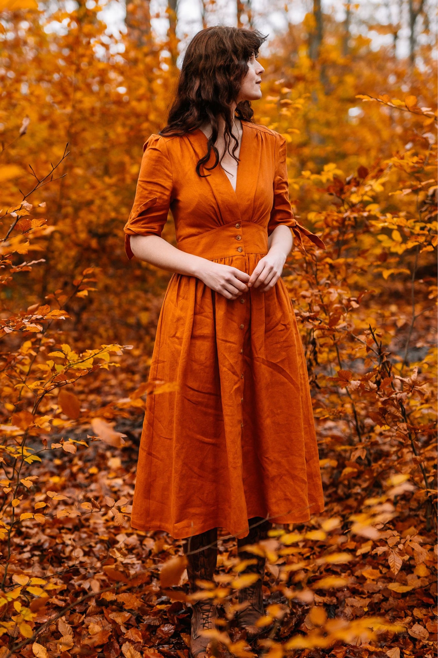 Deep V-neck Linen Dress c2914