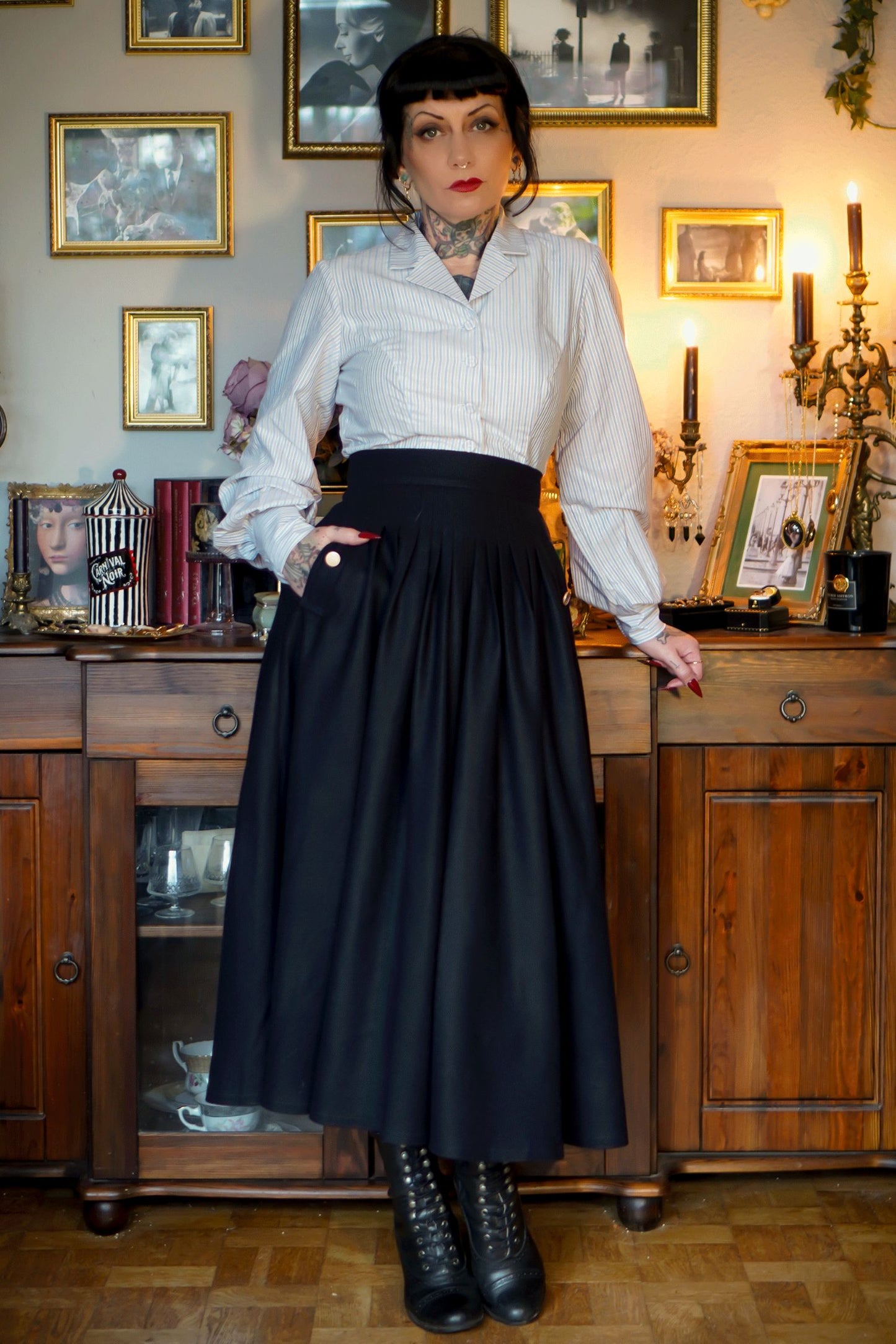 Navy Blue Midi Pleated Wool Skirt Women C3785