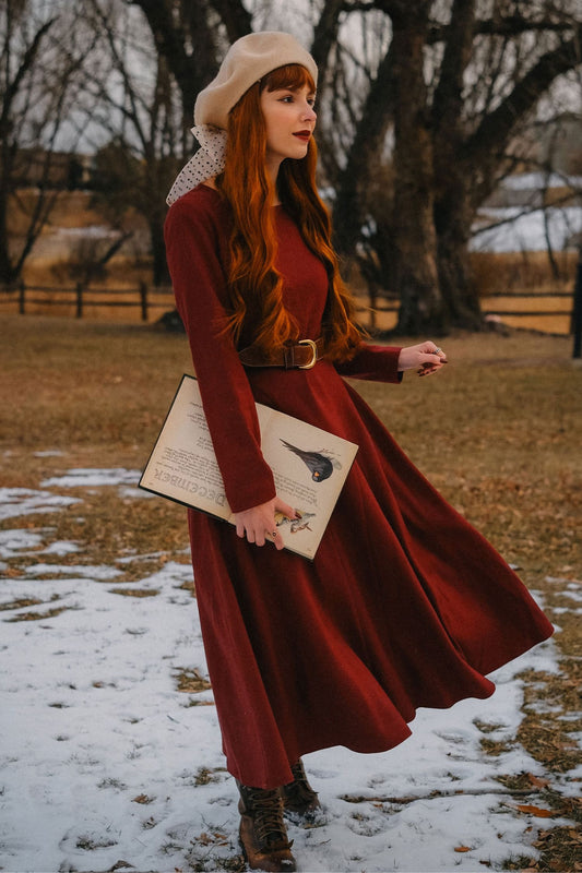 Burgundy midi swing wool Dress women C3810