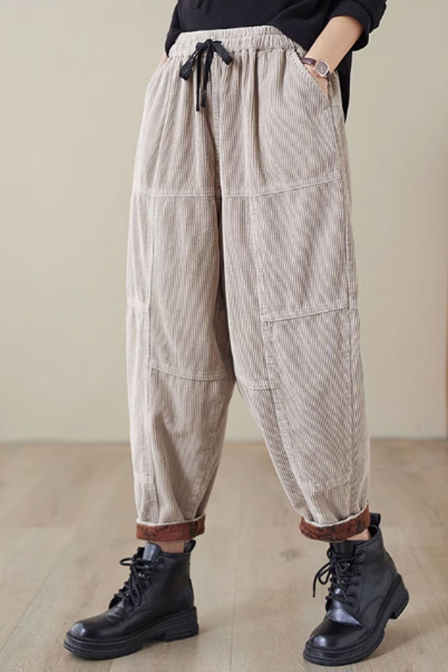 long corduroy pants with drawstring waist C3812
