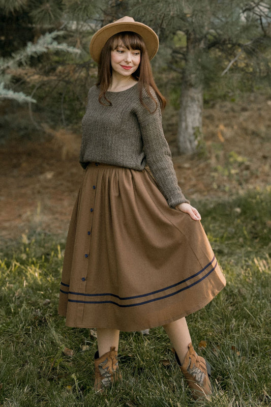 Button Brown wool Skirt for Women C3823