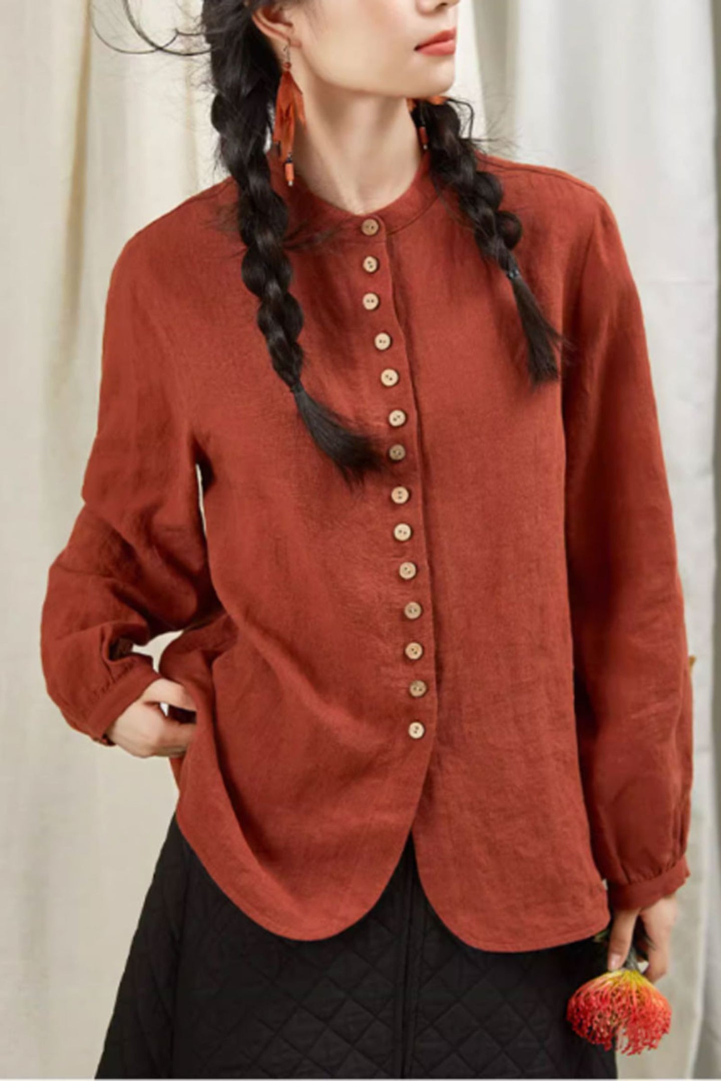 spring linen top women with long sleeves C3844
