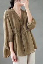 Load image into Gallery viewer, v neck loose fitting linen top women C3847
