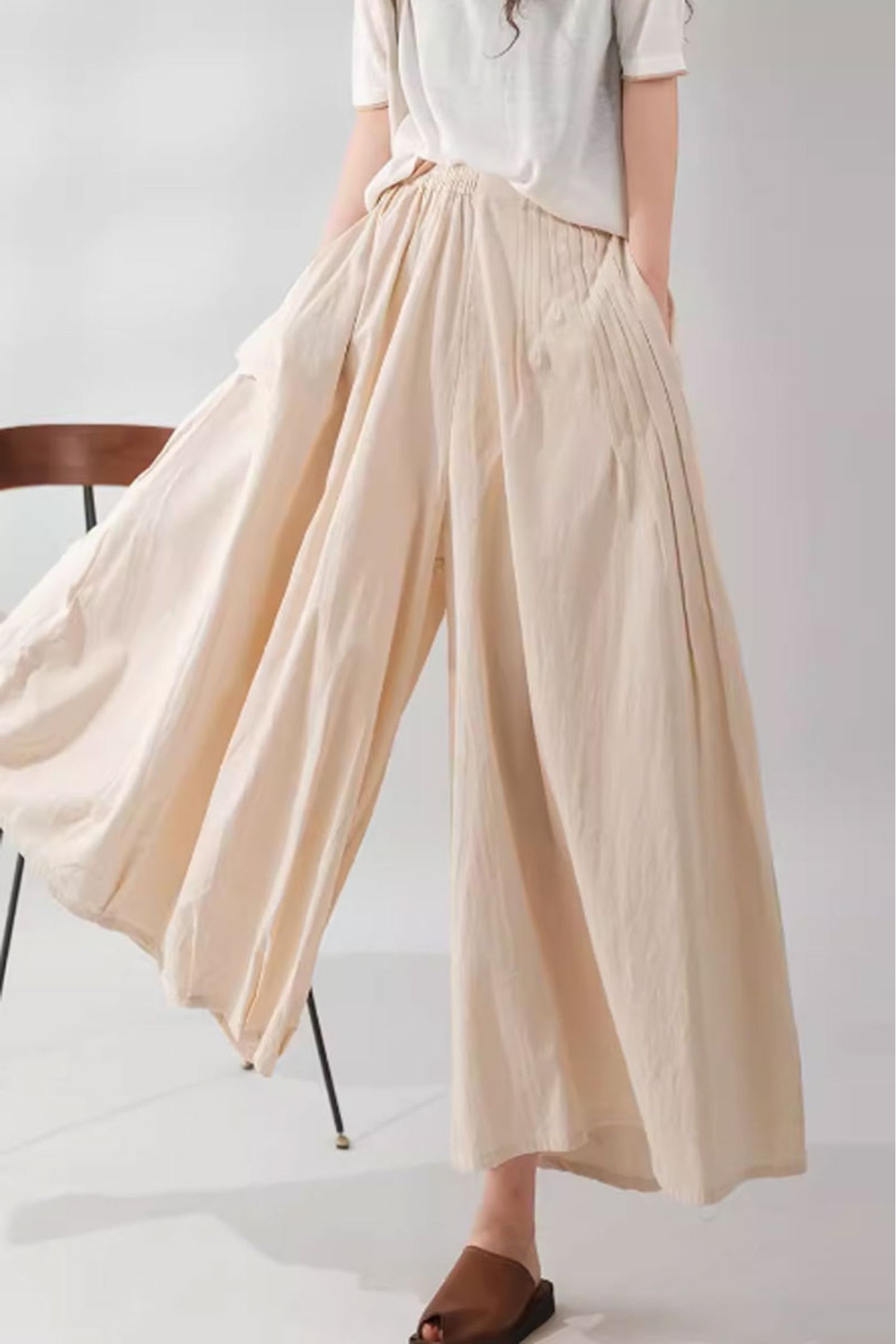 wide leg cotton pants with elastic waist C3861