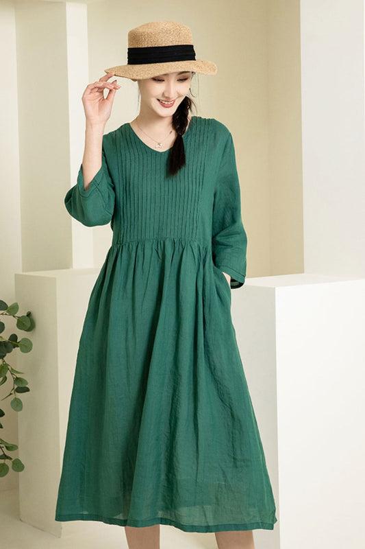 Green midi linen dress with half-Sleeve c3873