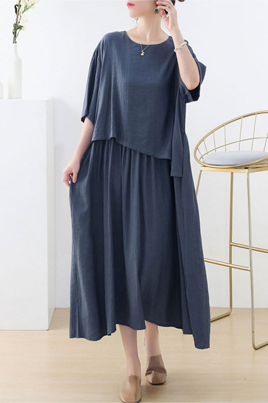 Midi blue linen dress women c3874