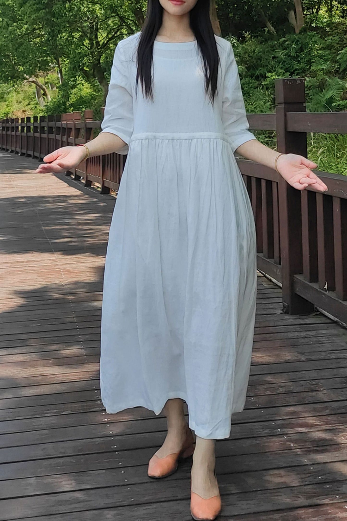 White Loose long linen dress women c3876