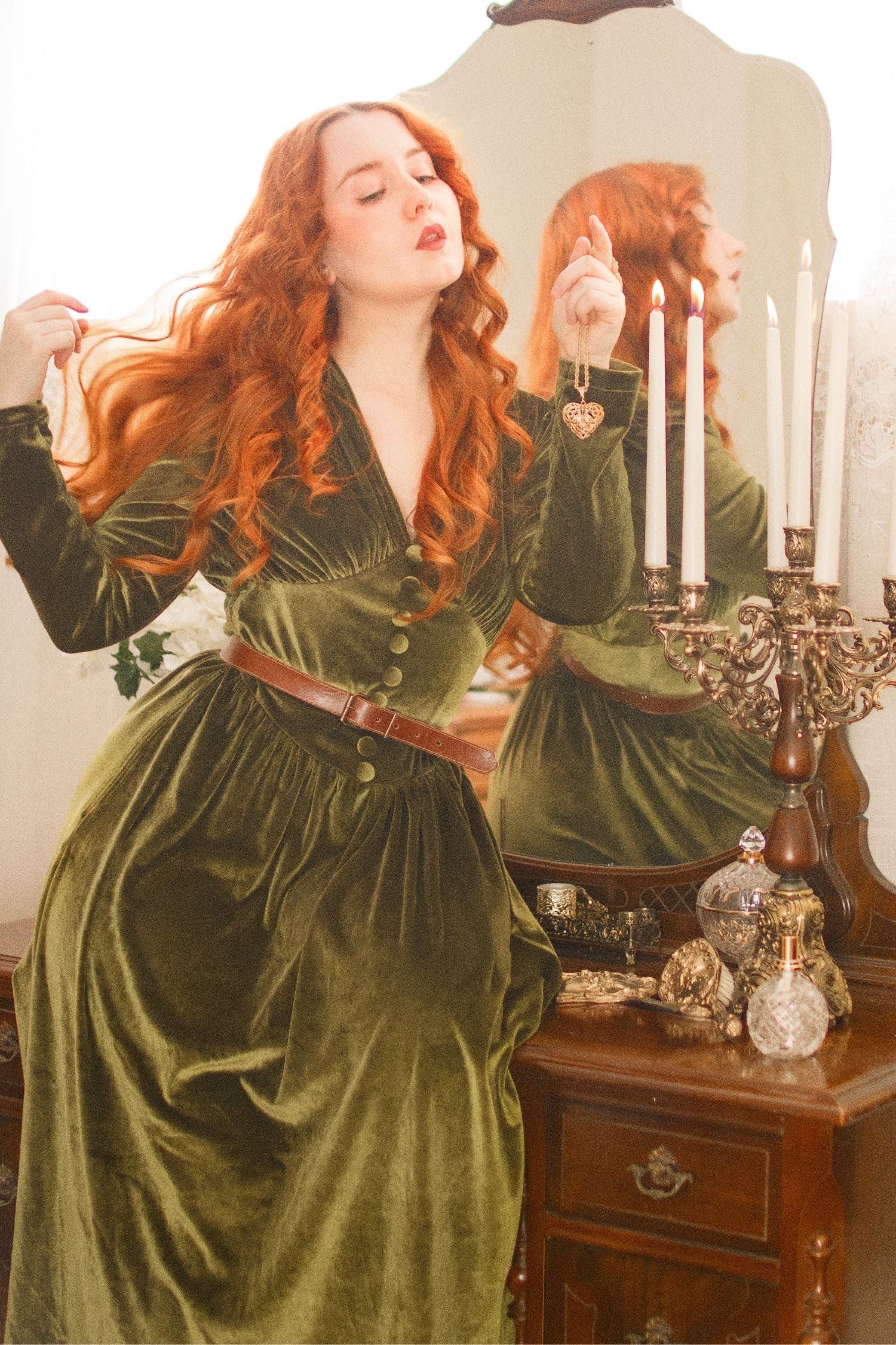 Green Velvet Midi Dress with buttons C3908 Green / Custom order Green Velvet Midi Dress with buttons C3908 Green / Custom order