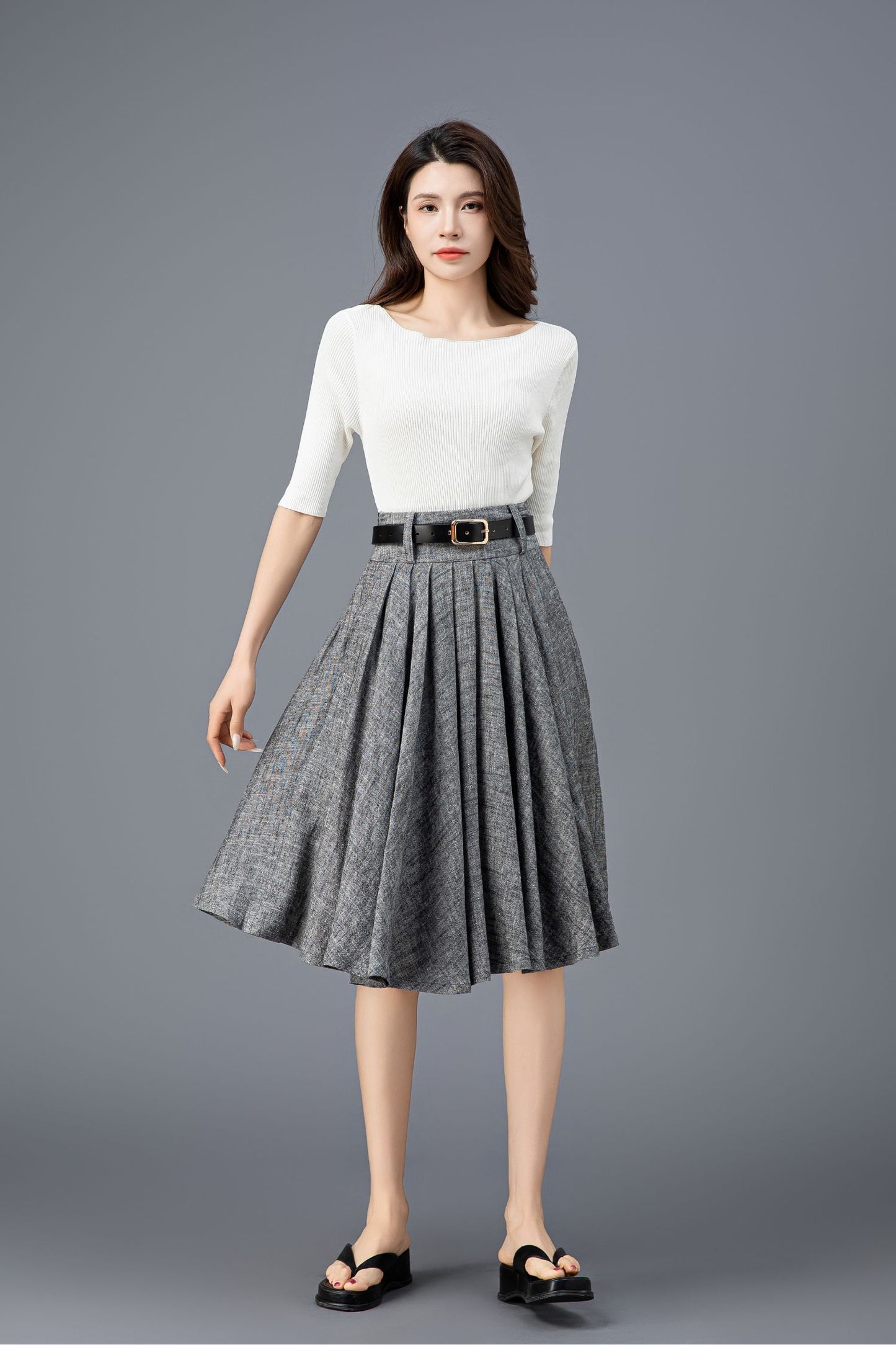 Women's Grey High Waist Linen Skirt C3913