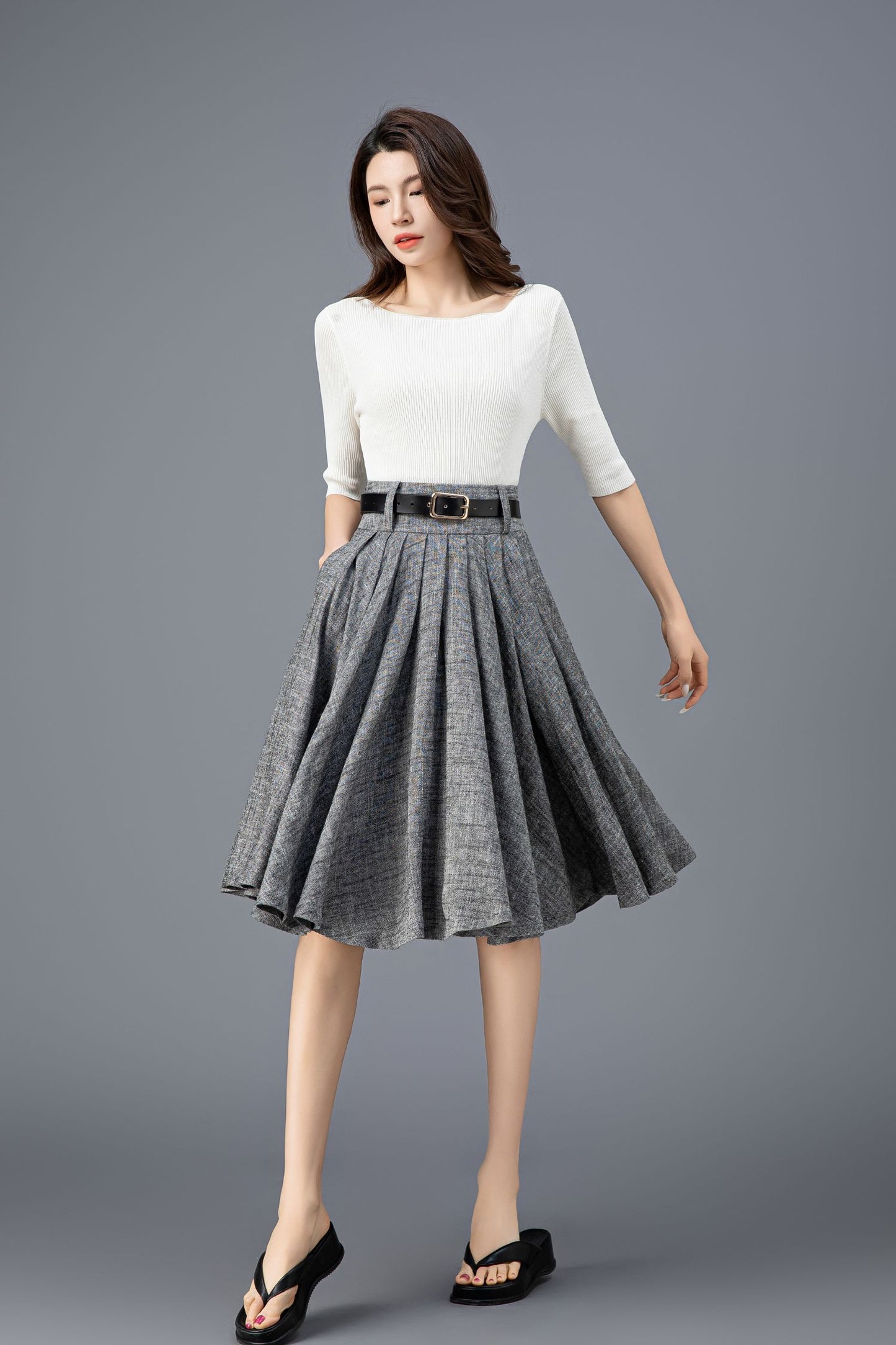 Women's Grey High Waist Linen Skirt C3913