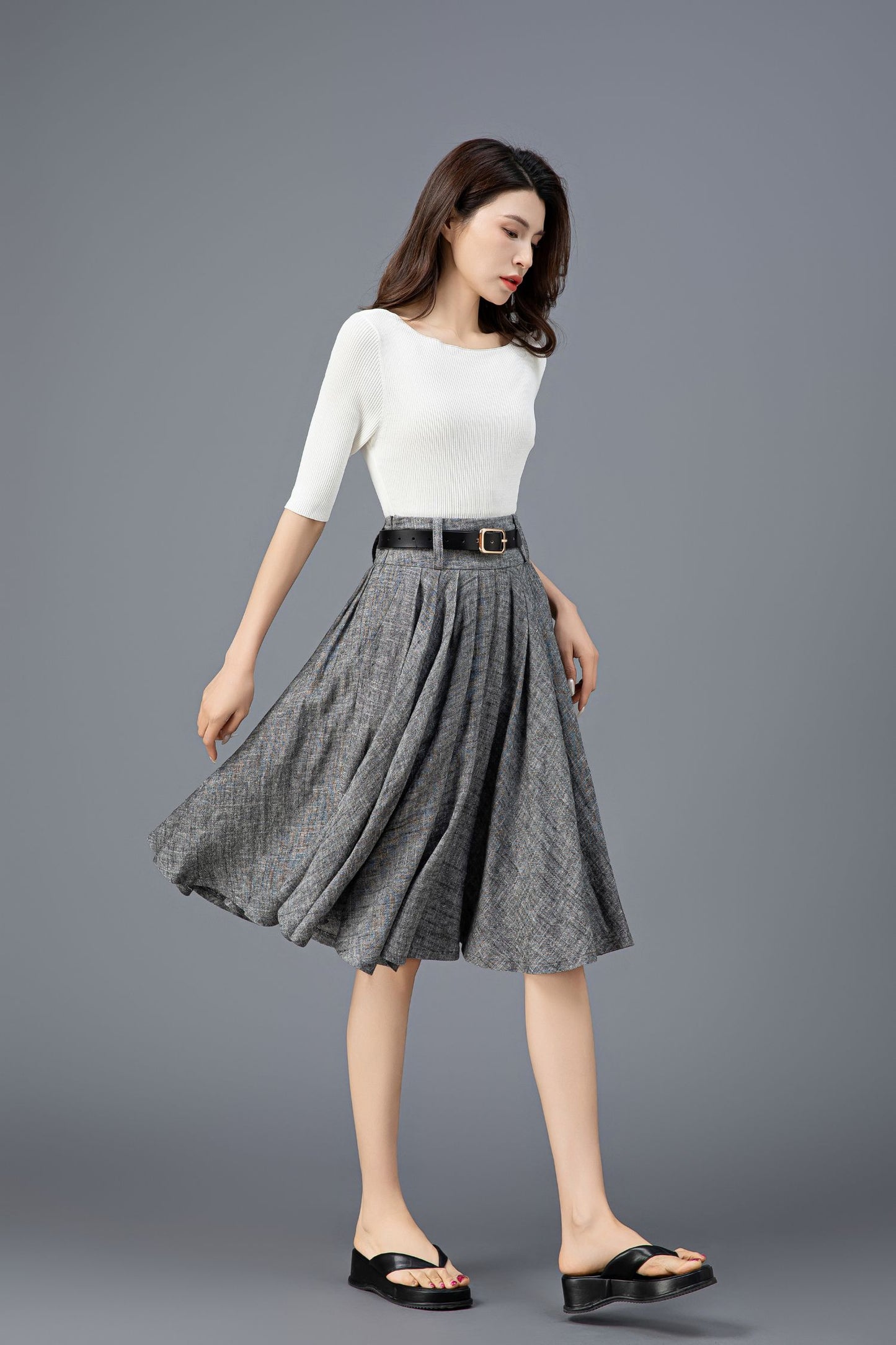 Women's Grey High Waist Linen Skirt C3913