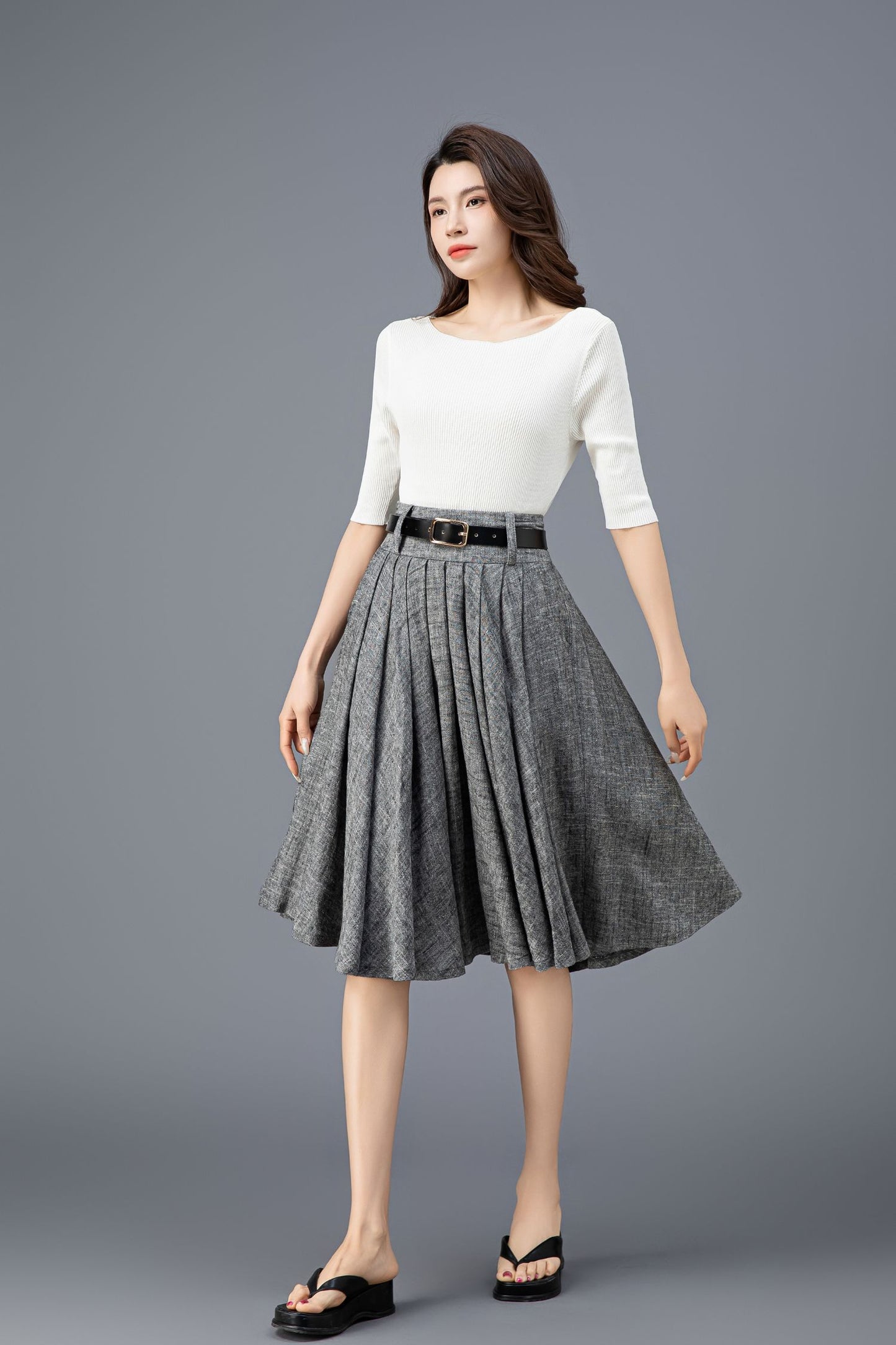 Women's Grey High Waist Linen Skirt C3913