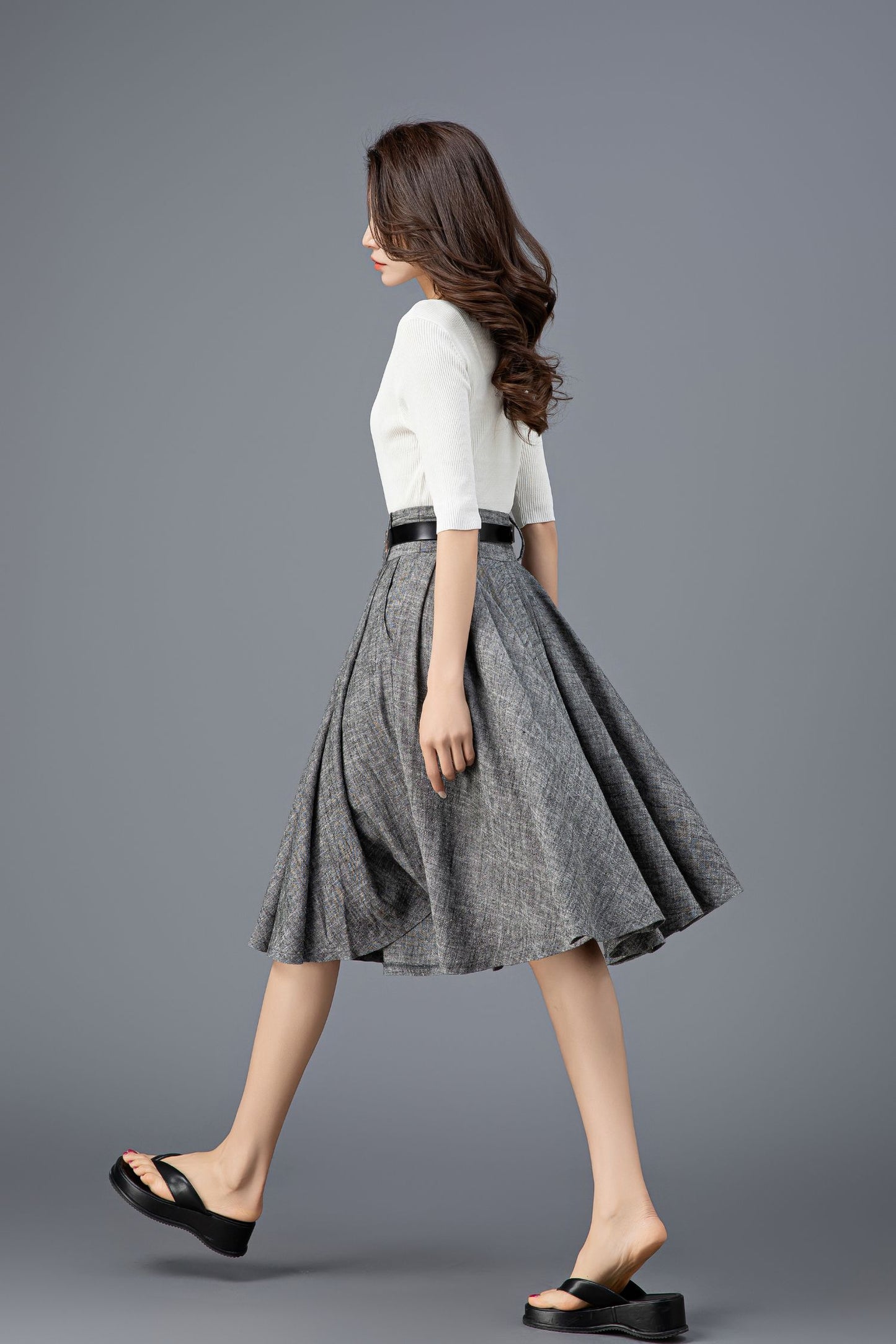 Women's Grey High Waist Linen Skirt C3913