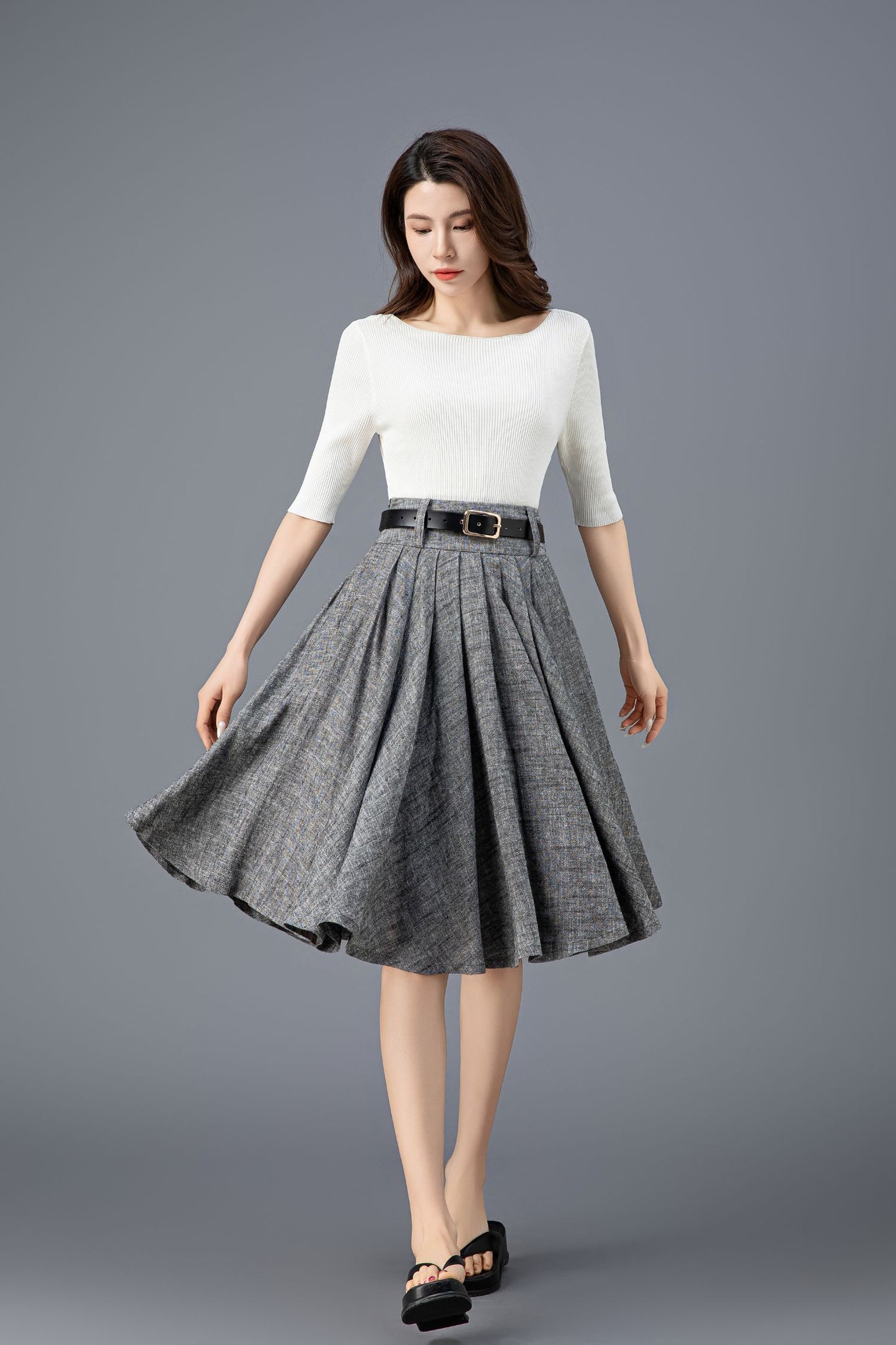 Women's Grey High Waist Linen Skirt C3913