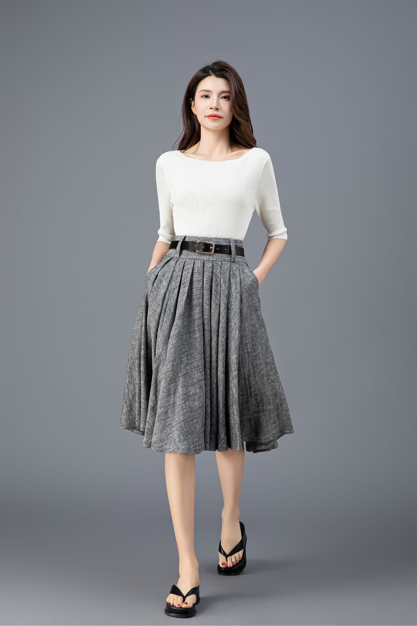 Women's Grey High Waist Linen Skirt C3913