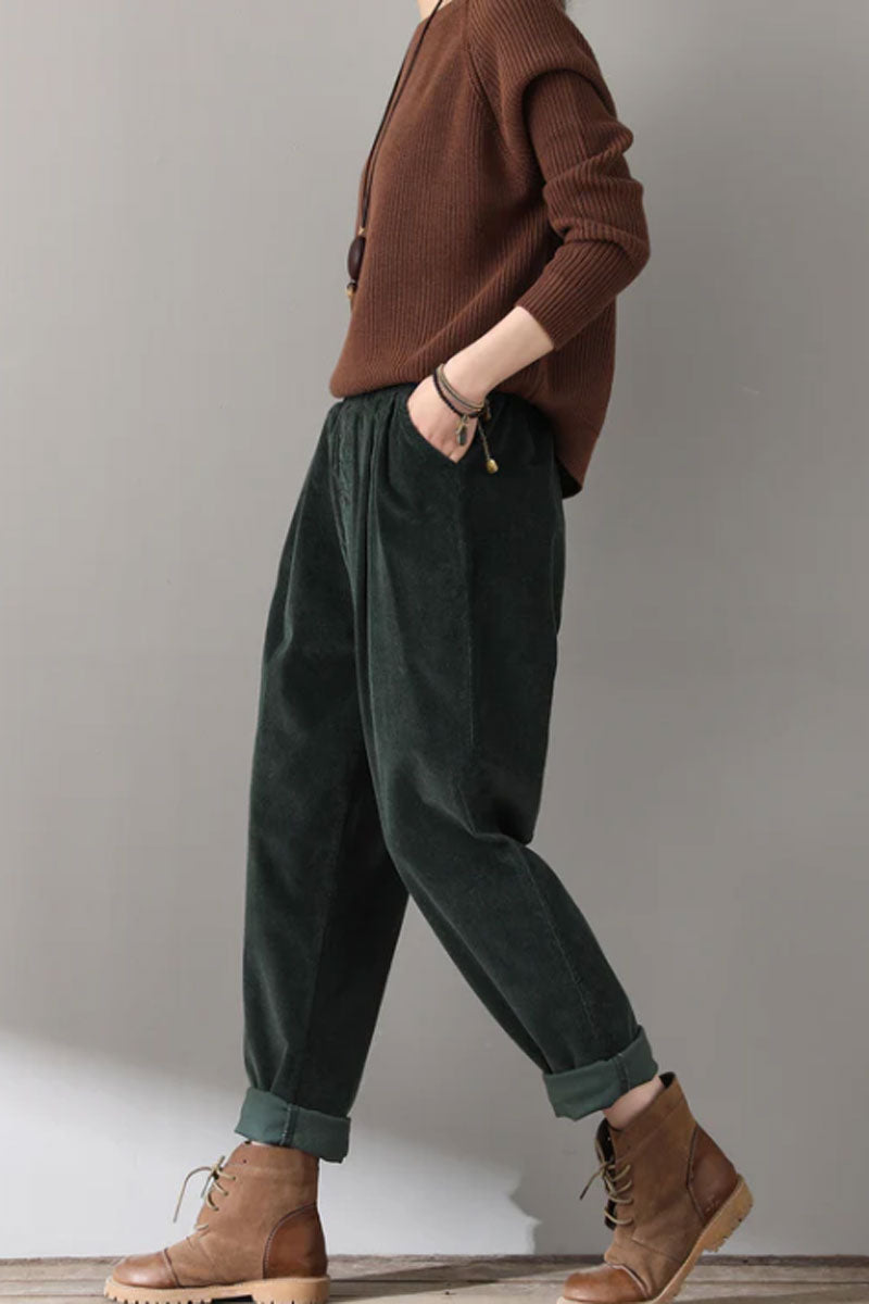 Green Elastic Waist Corduroy Pants C1814
