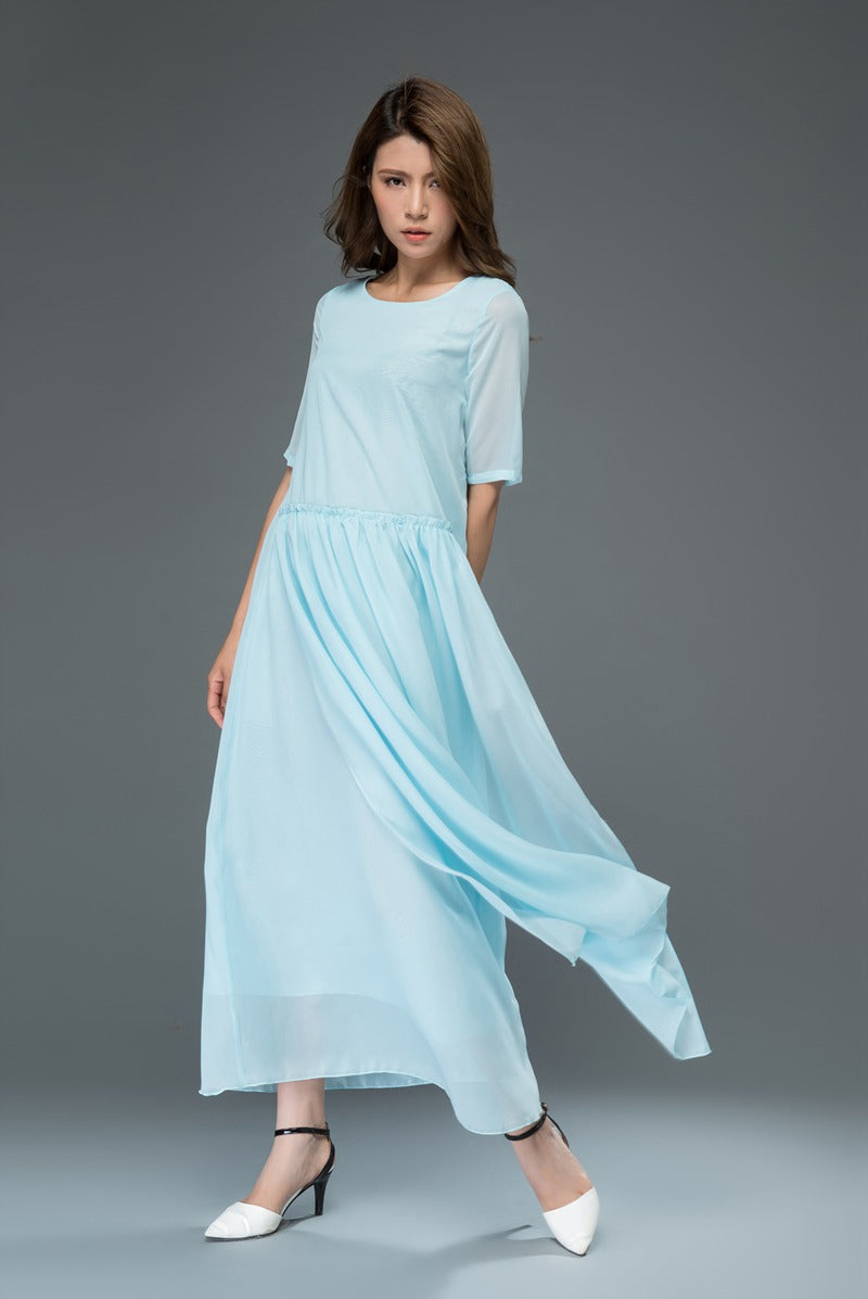 Swing maxi blue chiffon dress women c916