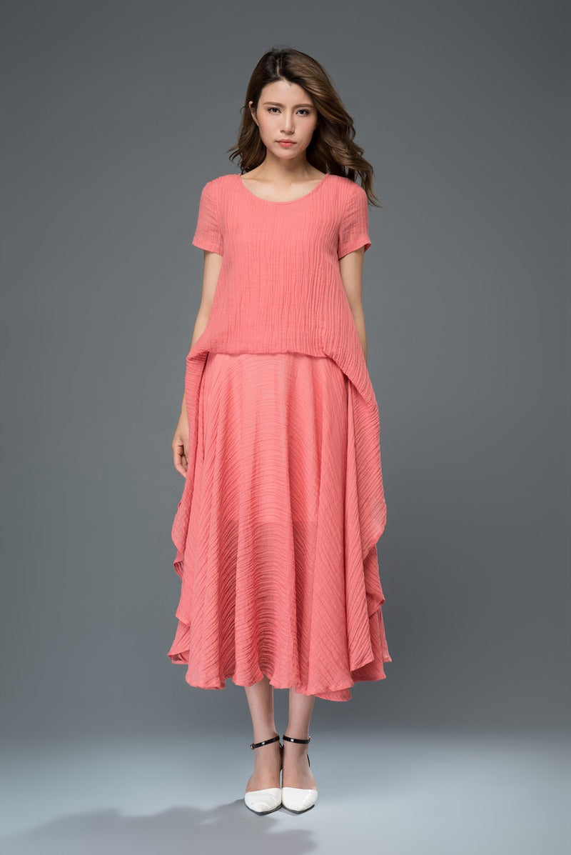 Red loose fit summer linen dress women c917
