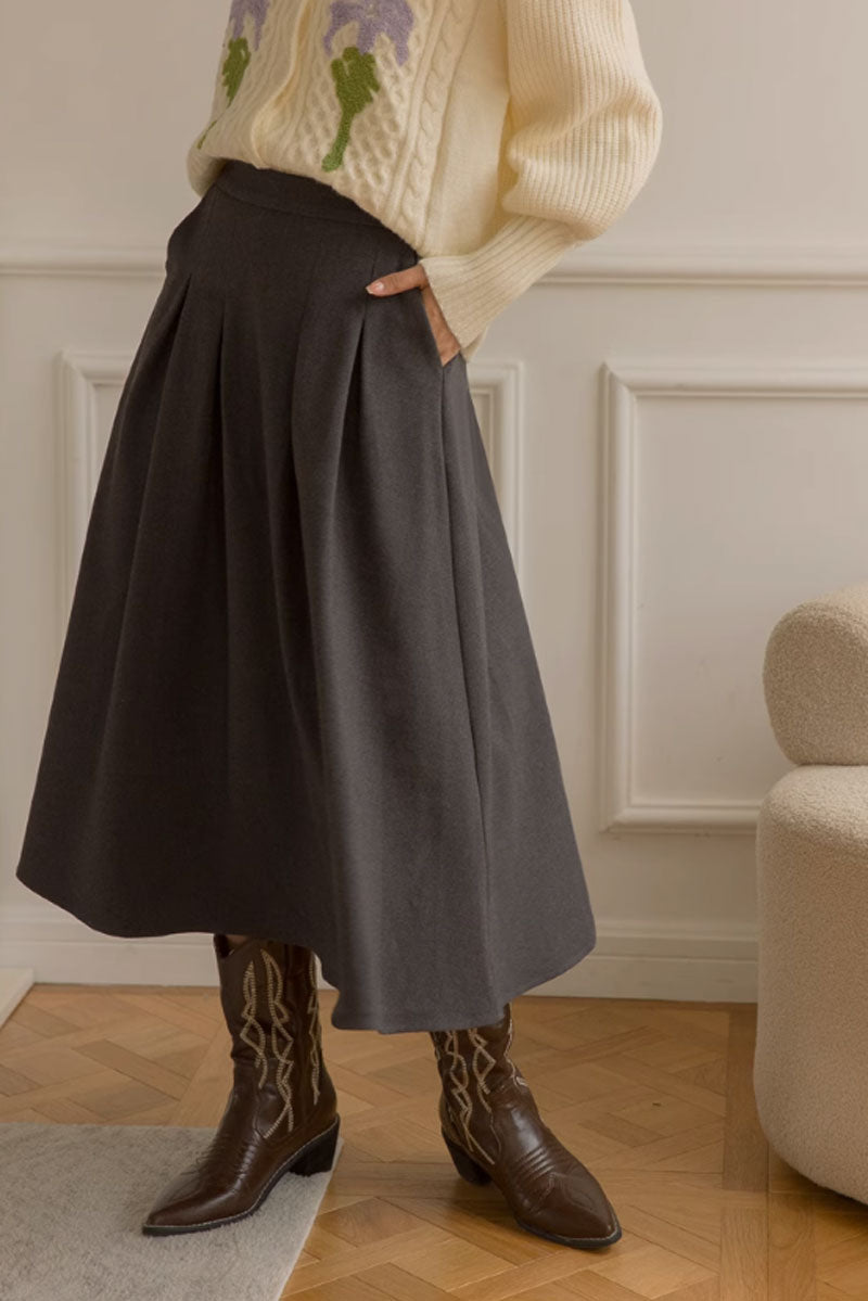 Pleated gray midi wool winter skirt C3525