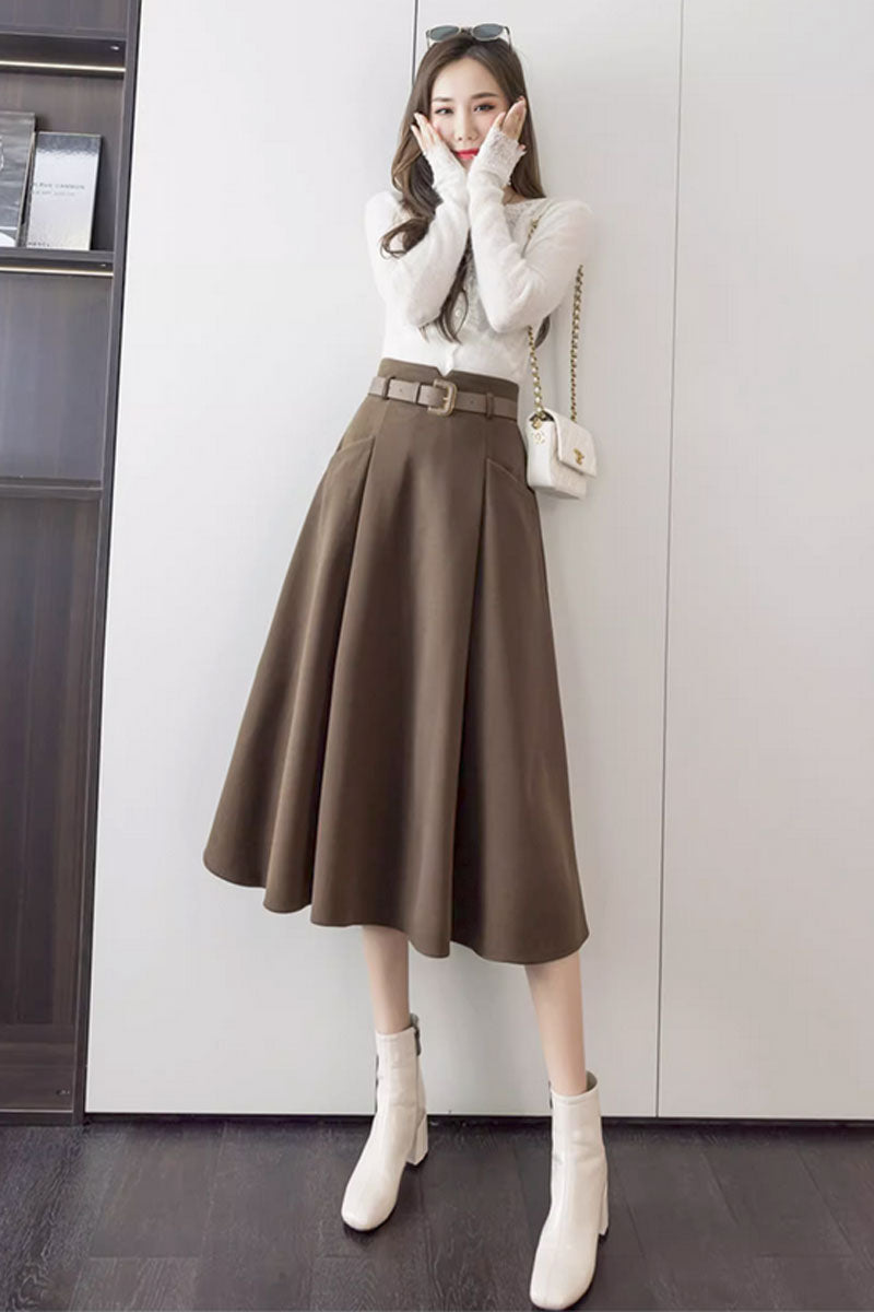 High waisted a line winter wool skirt with pockets C3432