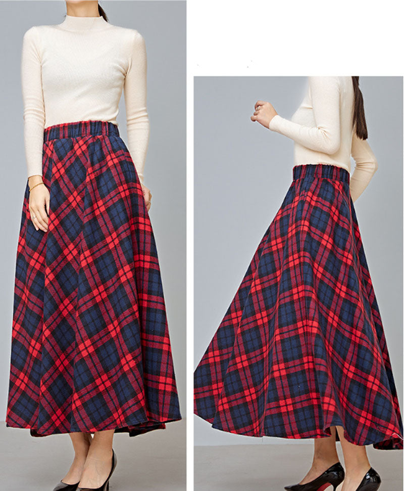 swing plaid long wool skirt with elastic waist C3728