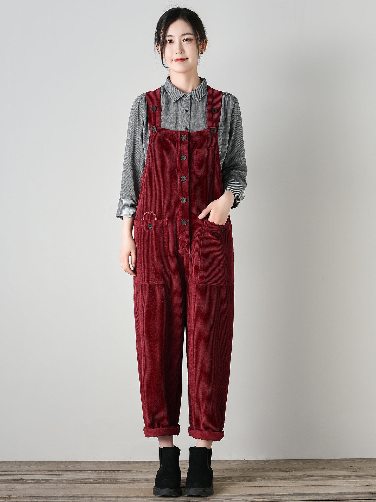 Vintage-Style Corduroy Jumpsuit for Women C4694