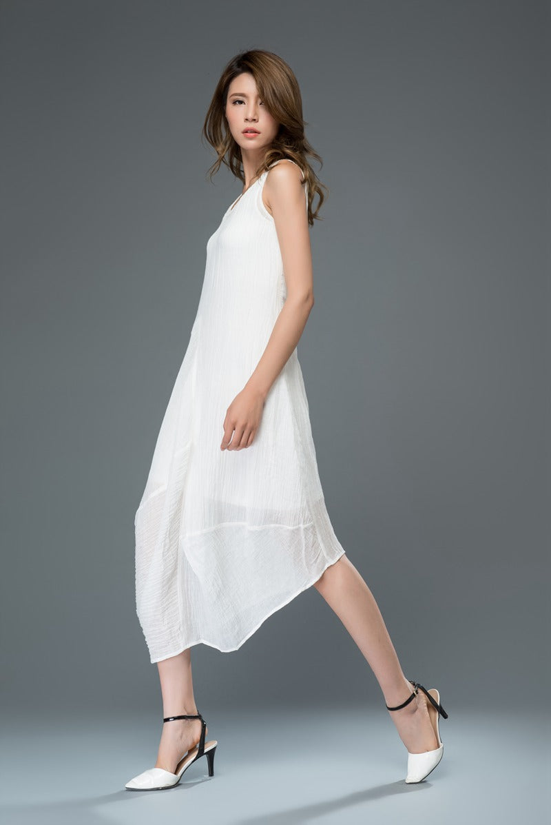 Sleeveless irregular summer linen dress c905