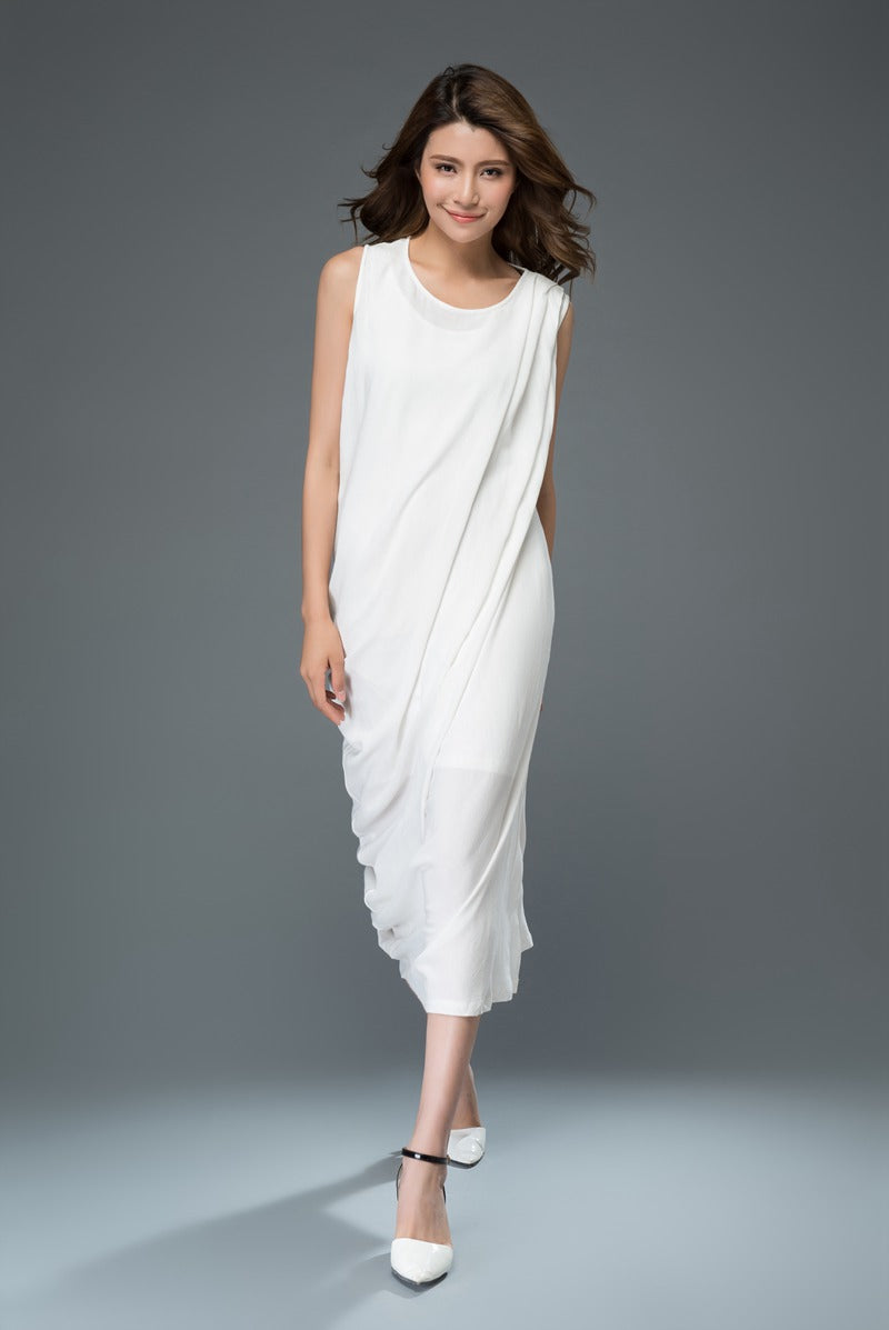 Irregular white plus size linen dress c909
