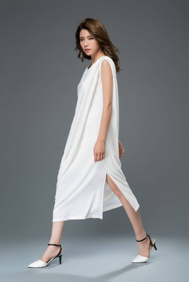 Irregular white plus size linen dress c909