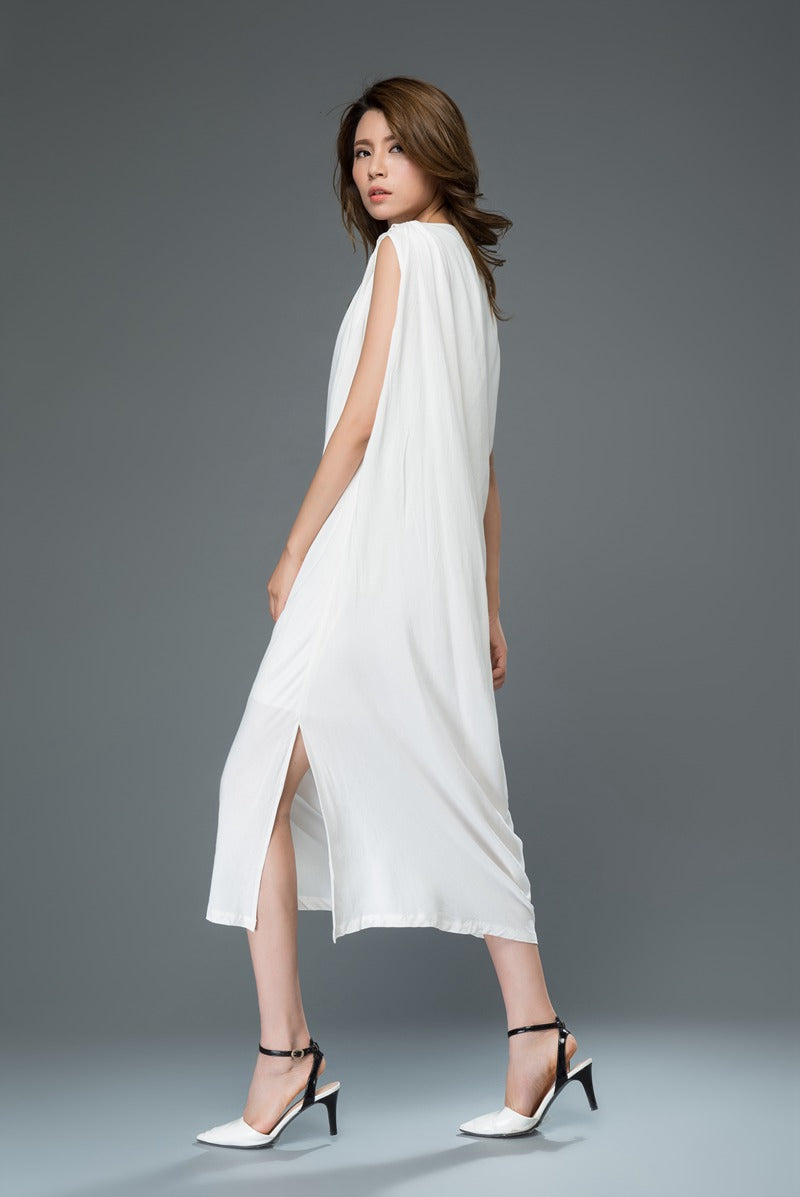 Irregular white plus size linen dress c909