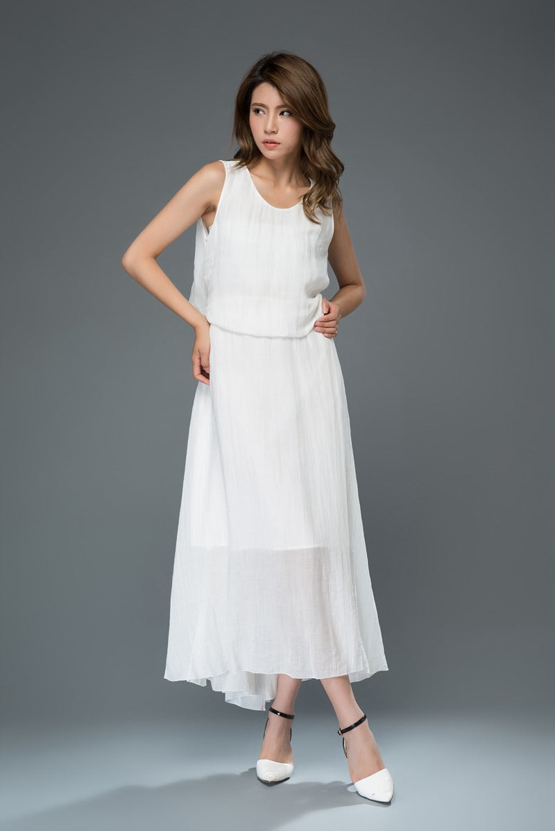White summer prom linen dress women c911