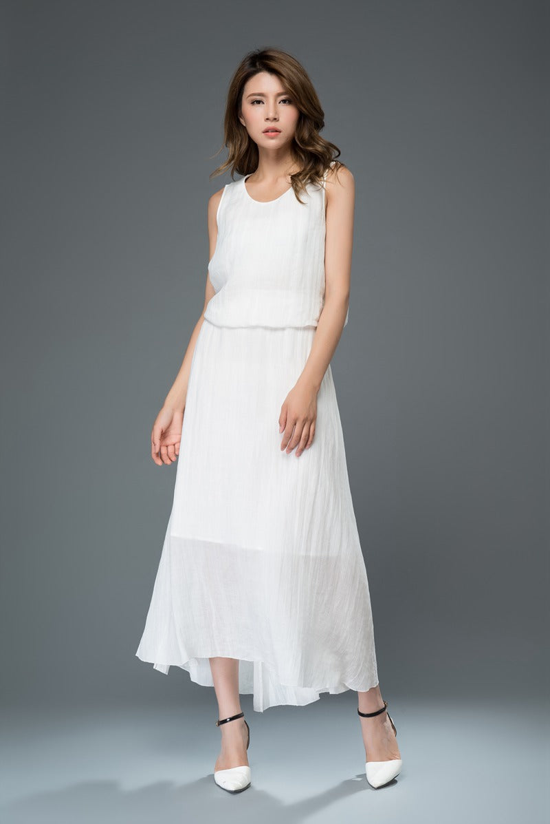 White summer prom linen dress women c911
