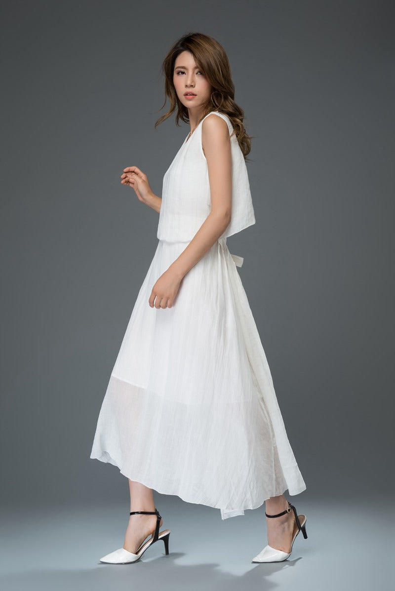 White summer prom linen dress women c911