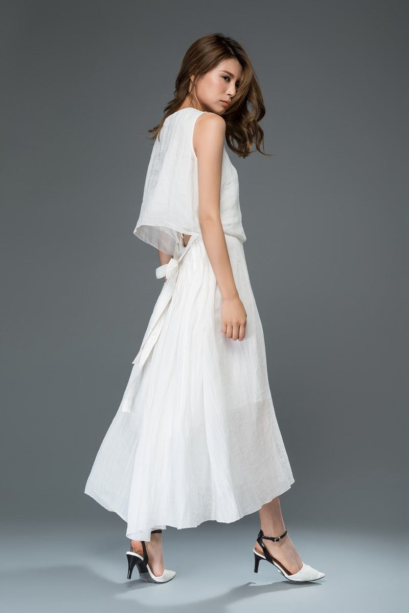 White summer prom linen dress women c911