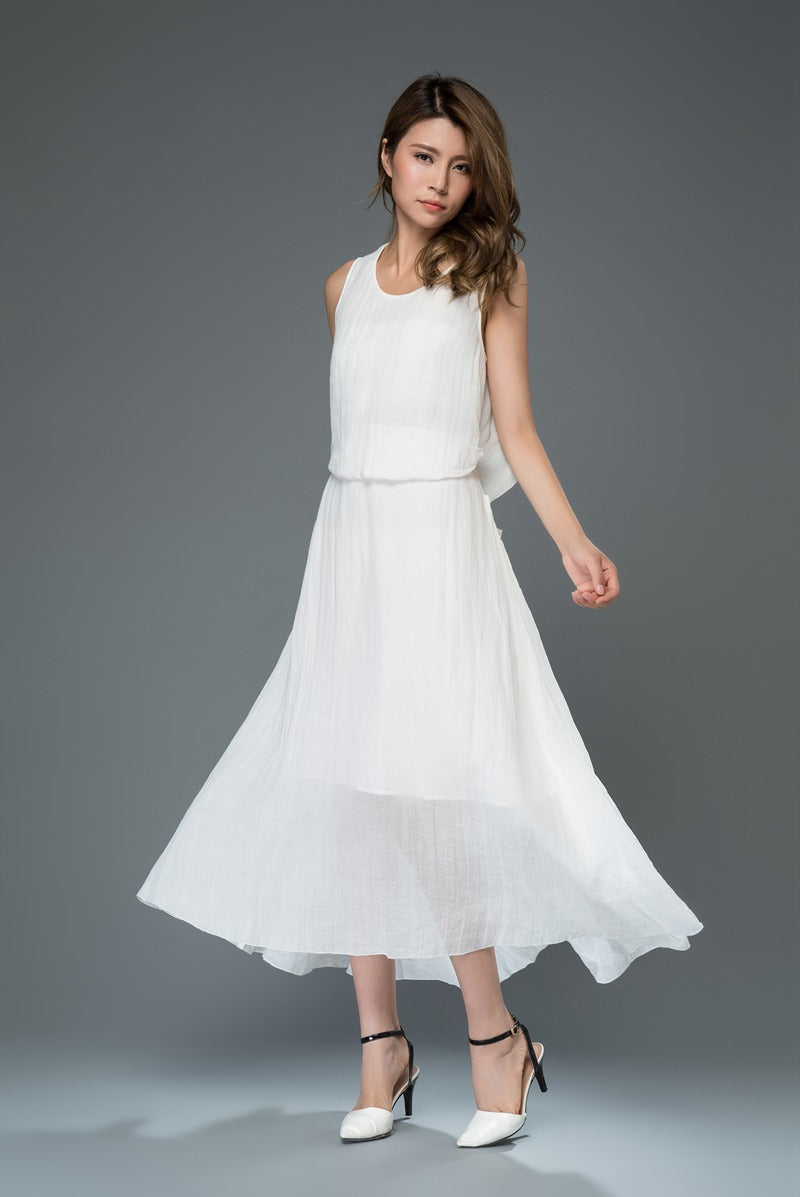 White summer prom linen dress women c911